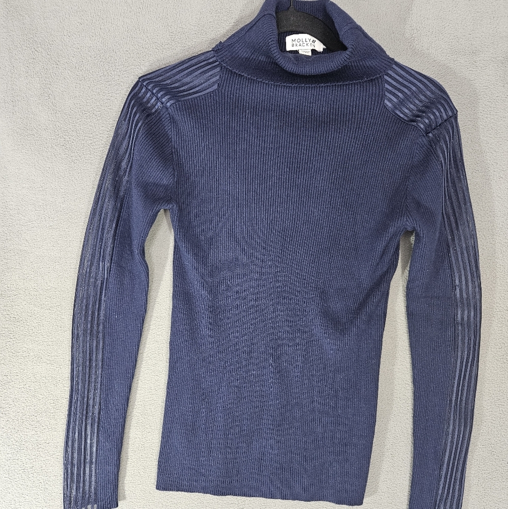 Molly Bracken Anthropologie Womens Small Turtleneck Rib Mesh Long Sleeve Fitted
